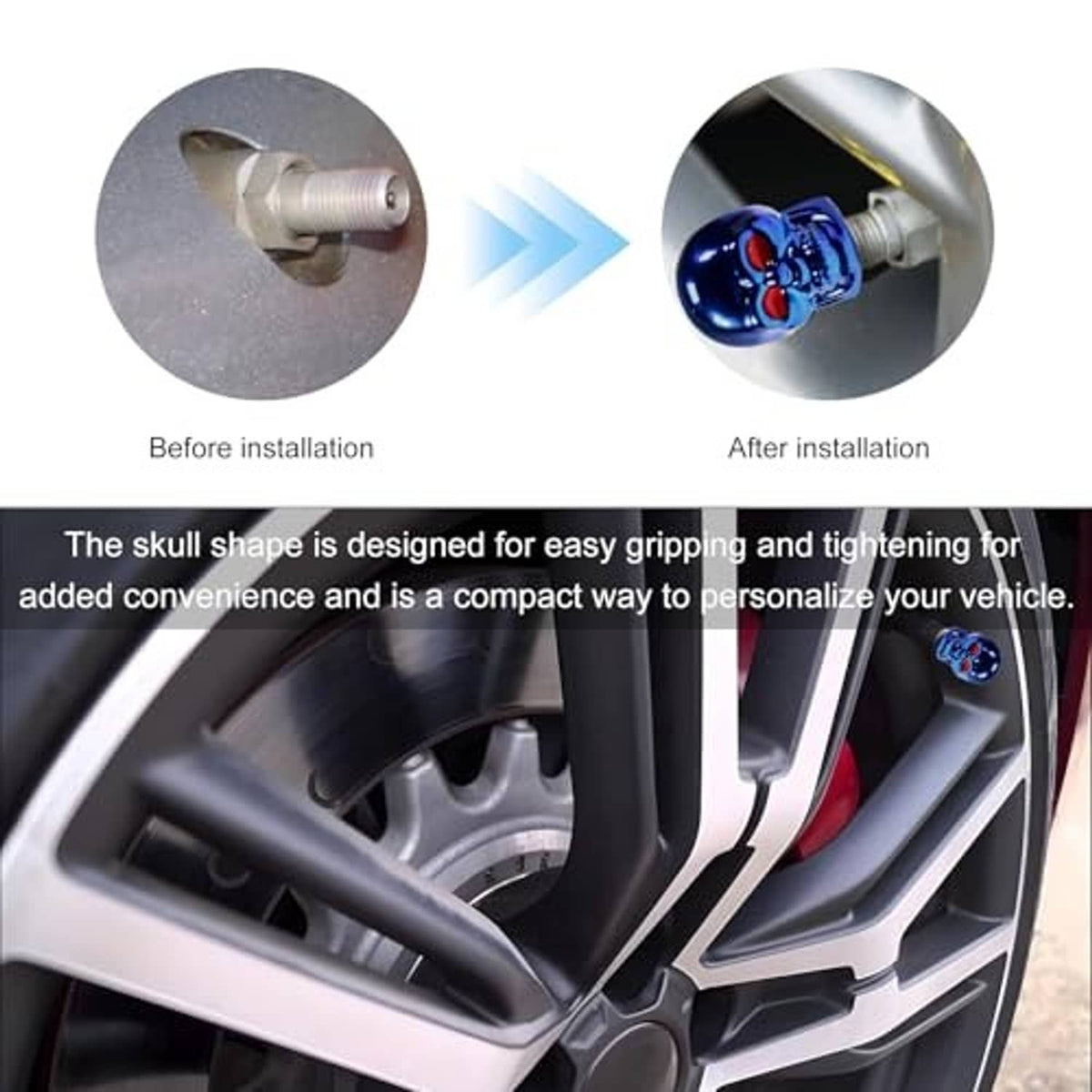 Blue skull tire valve cap installed on wheel valve stem, easy grip design