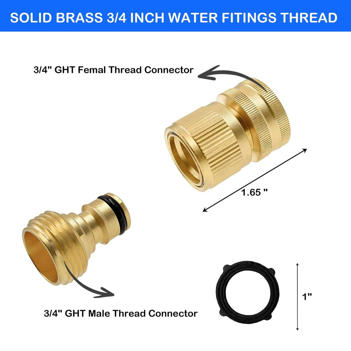 Solid brass 3/4 GHT male and female quick connector fittings with black O-ring
