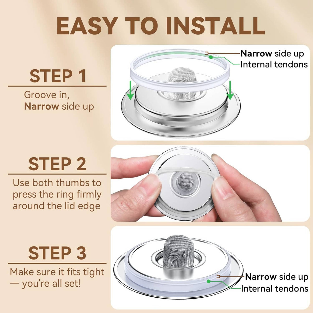 Rubber gasket ring for reusable K cups with narrow rim, shown during installation steps