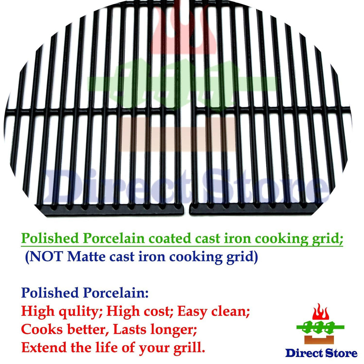 Porcelain-coated black cast iron grill cooking grid with twin sections