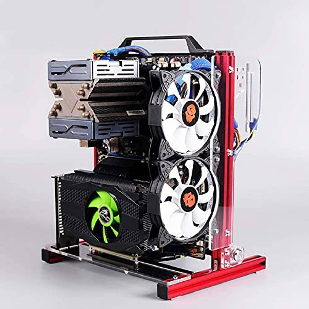 DIY computer motherboard chassis rack with two white cooling fans and red frame rails