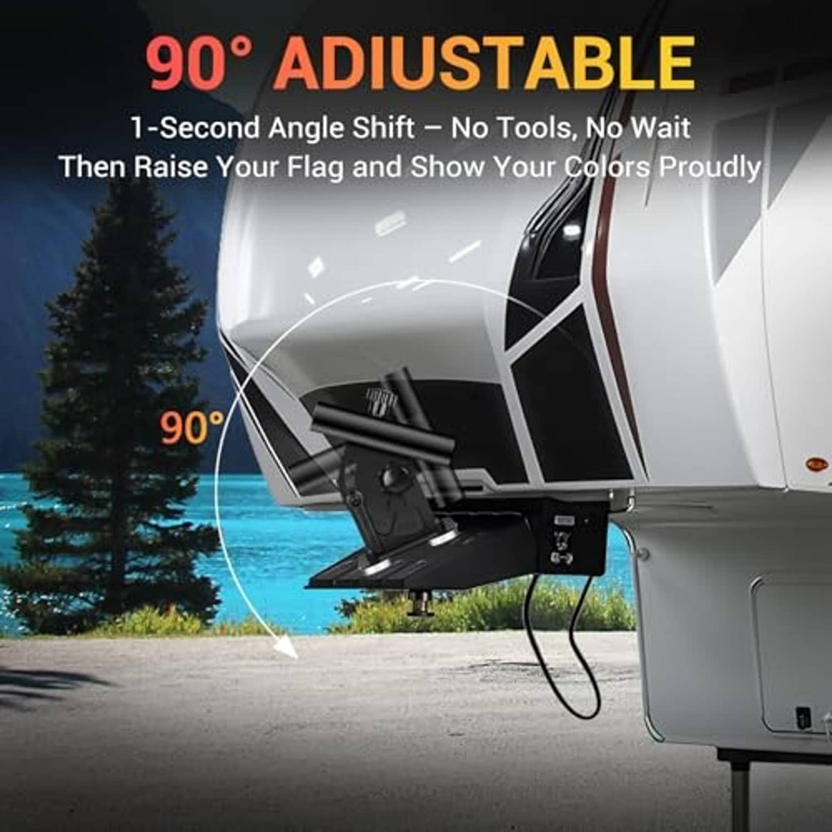 Black magnetic RV flag pole holder mounted on a trailer with angled arm