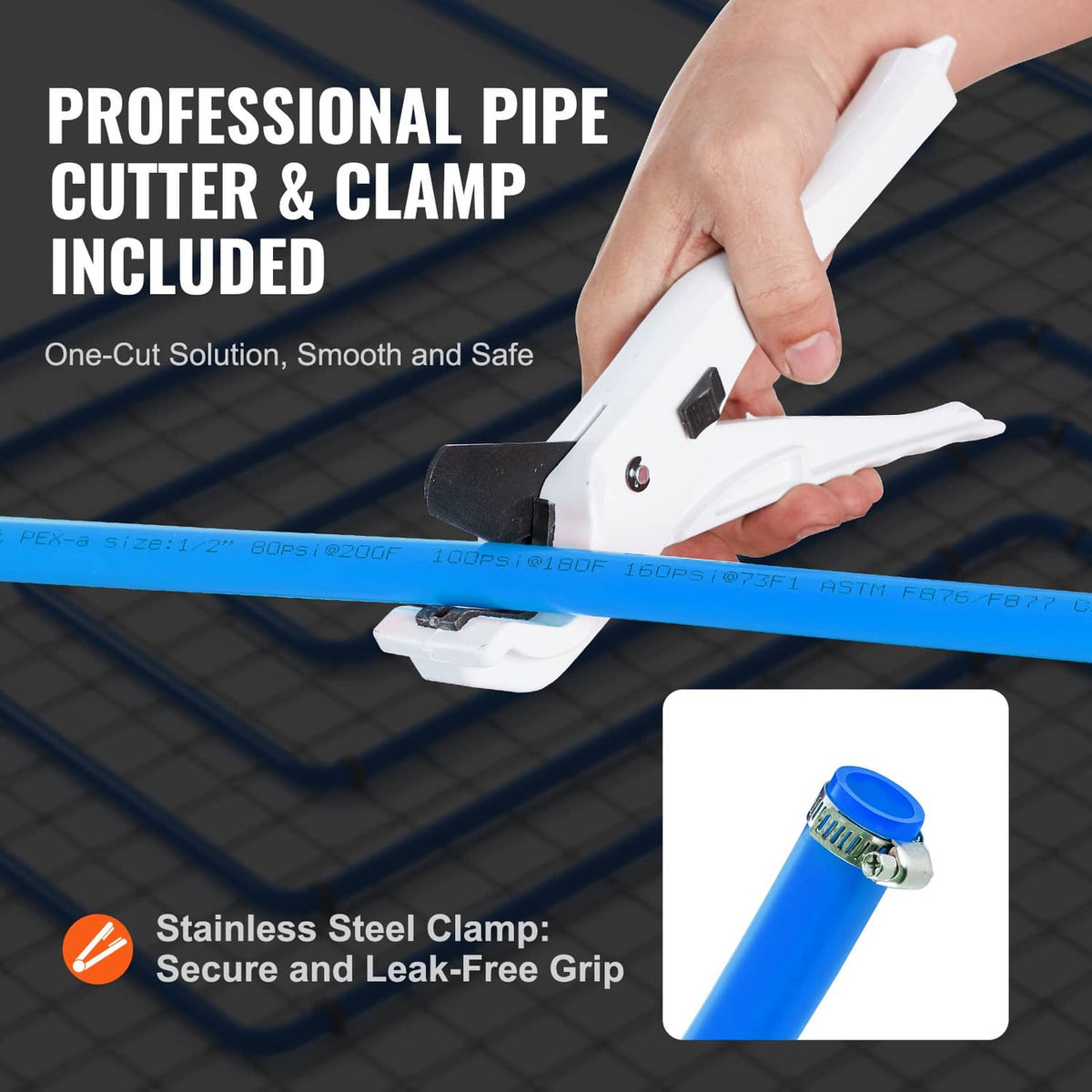 Blue PEX-B tubing plus white pipe cutter tool and stainless steel clamp