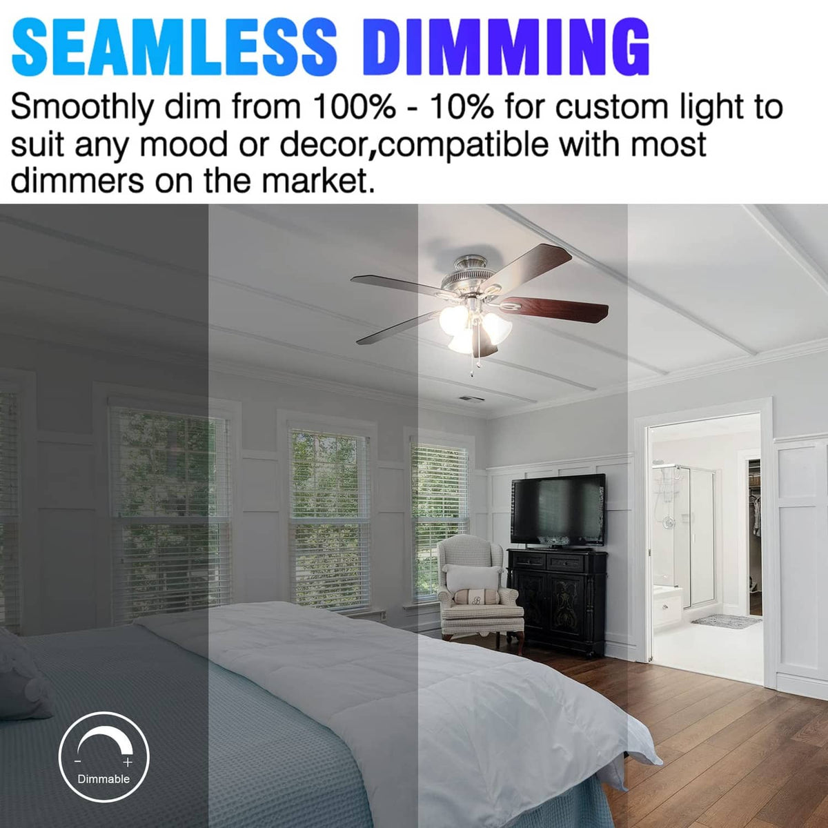 Dimmable A15 LED bulb lighting effect in a room with ceiling fan light