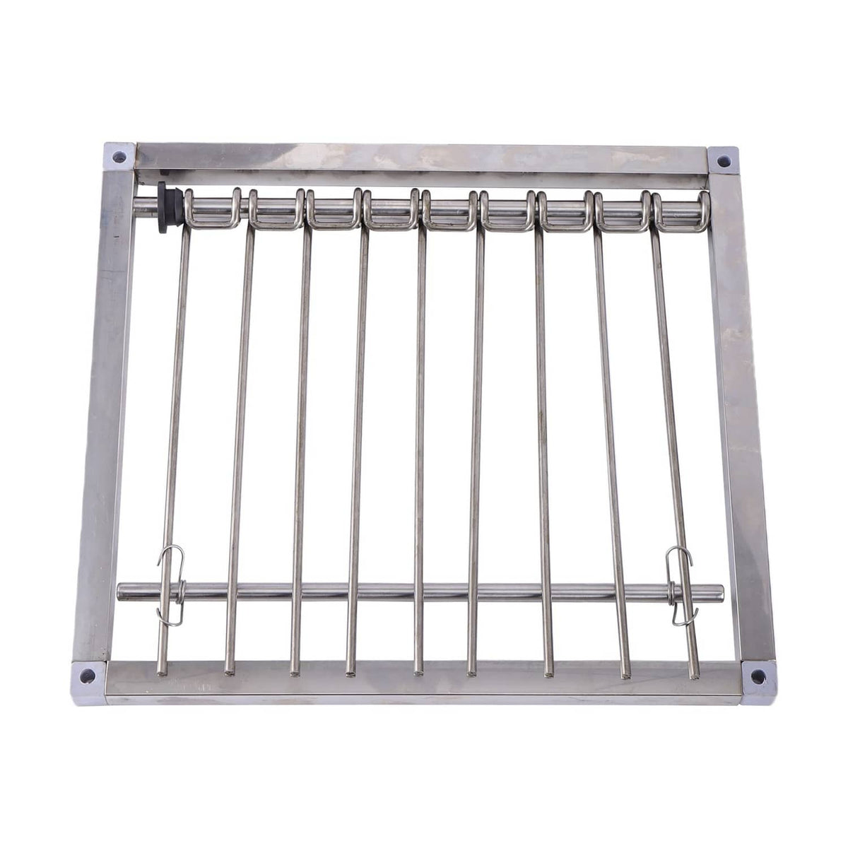 Front view of stainless steel pigeon trap frame with vertical wire bars and side latches