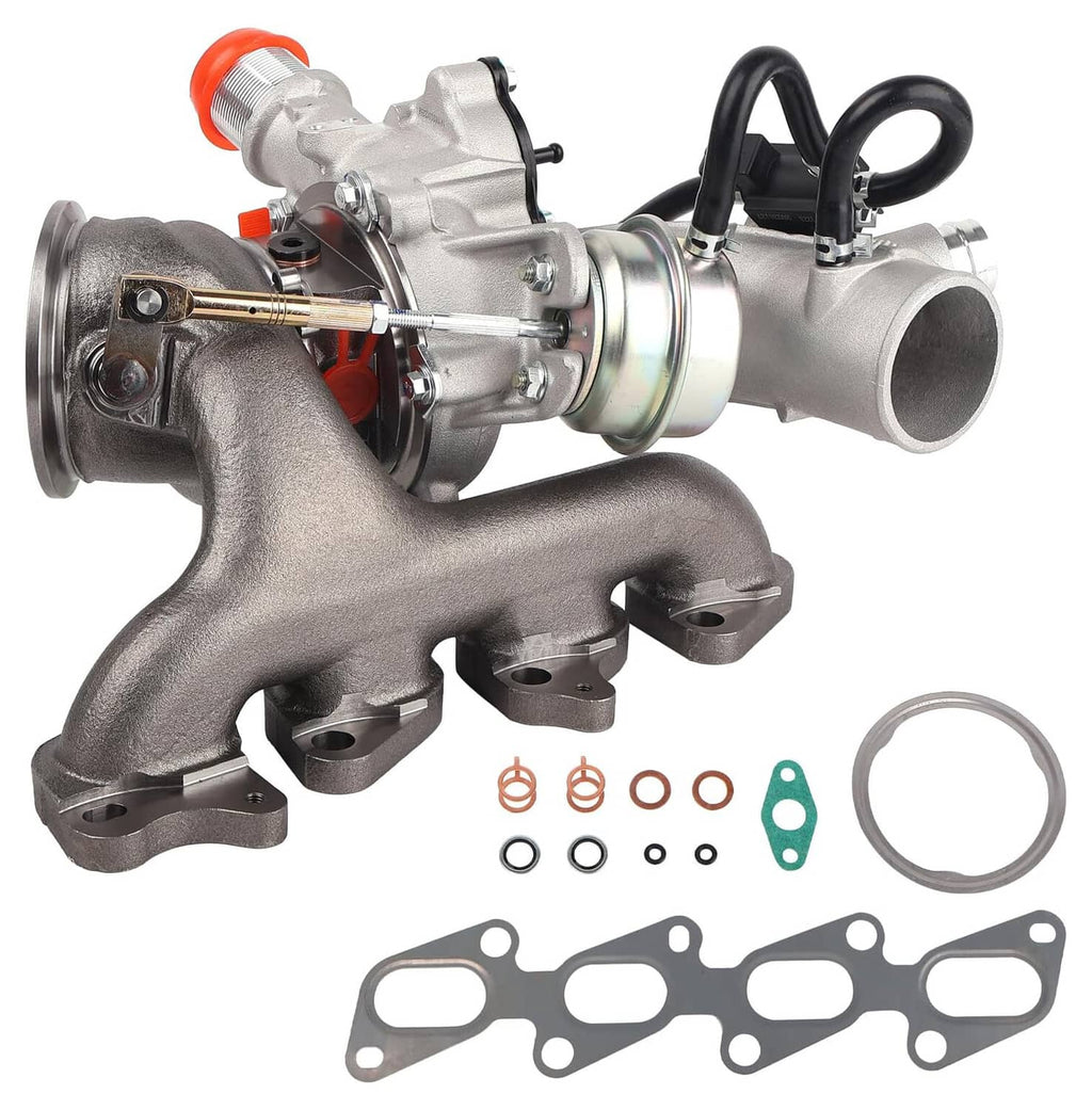 Turbocharger assembly with exhaust manifold and oil line, dark gray and silver