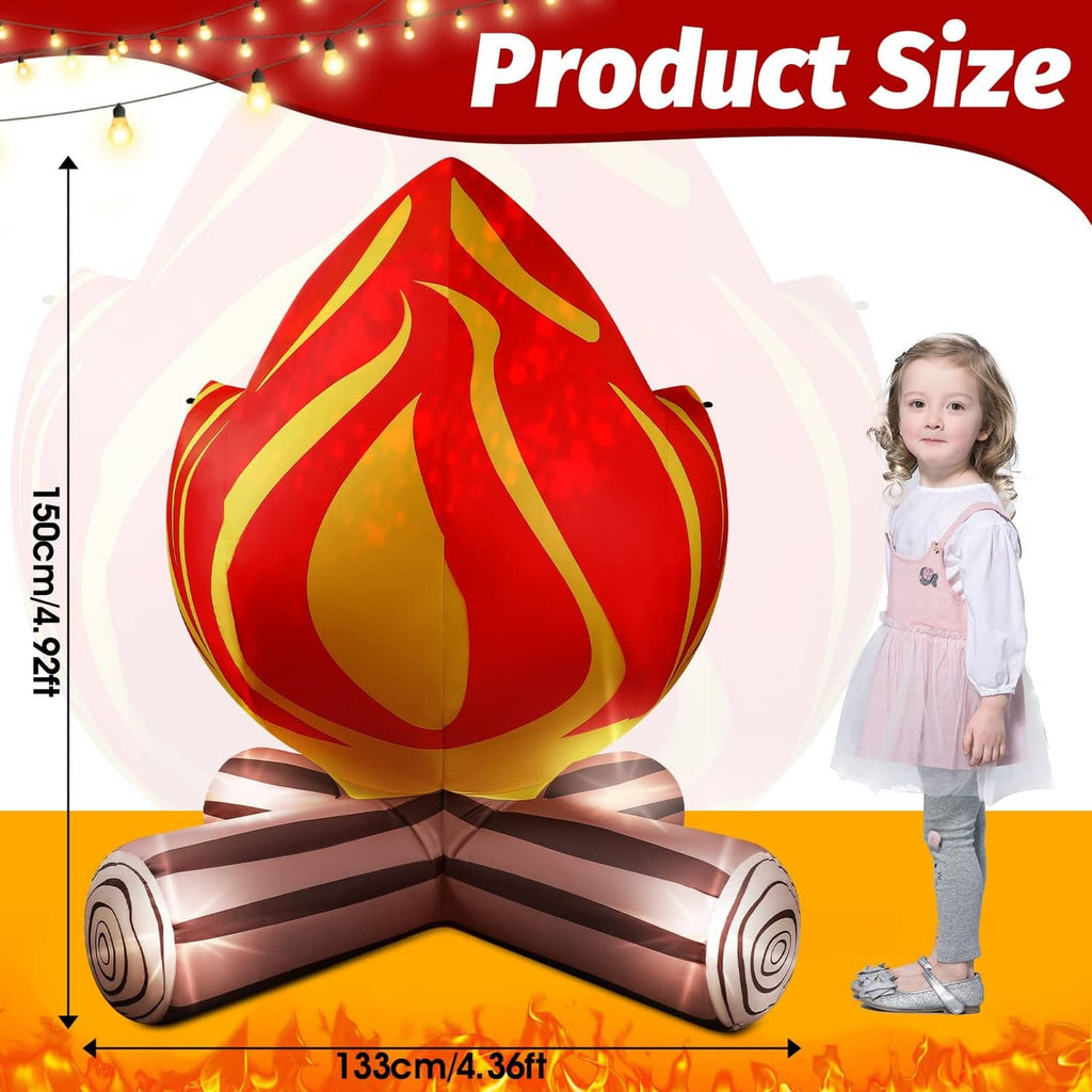 Inflatable campfire decoration, red flame with yellow swirls over brown log base