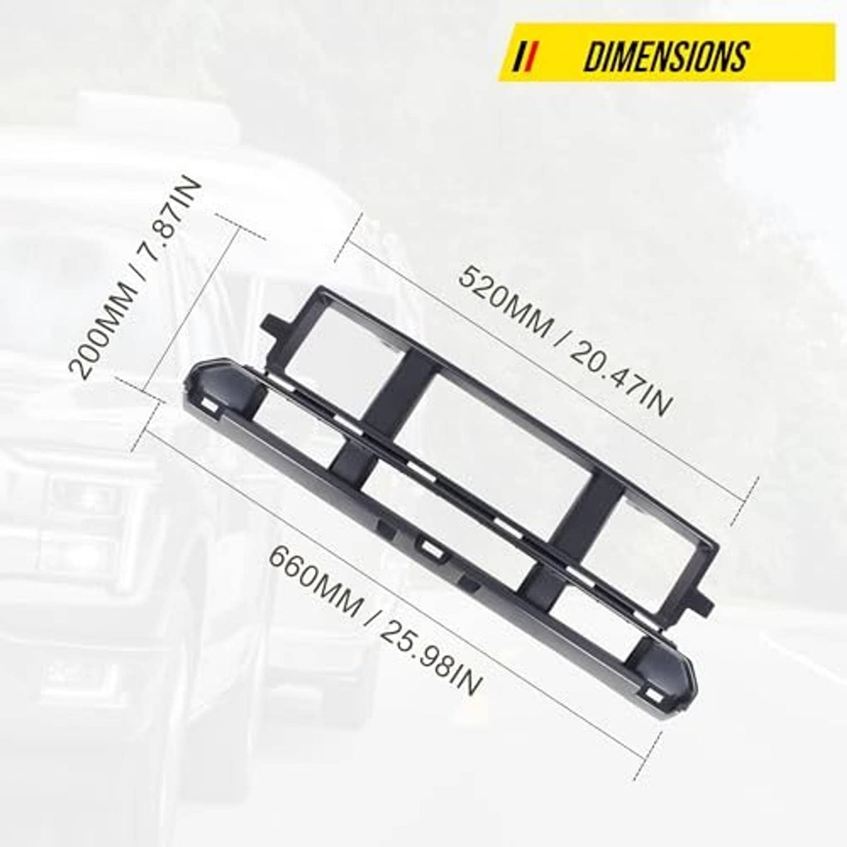 Black front grille insert frame with mounting tabs, shown with dimension lines overlay