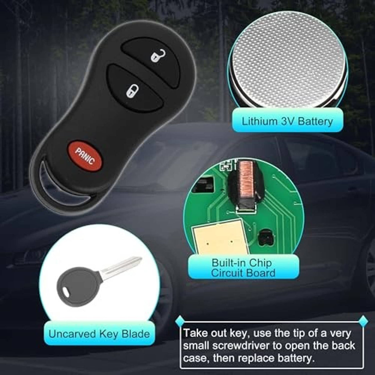 Keyless entry key fob remote with lock, unlock, and red panic button, black shell.