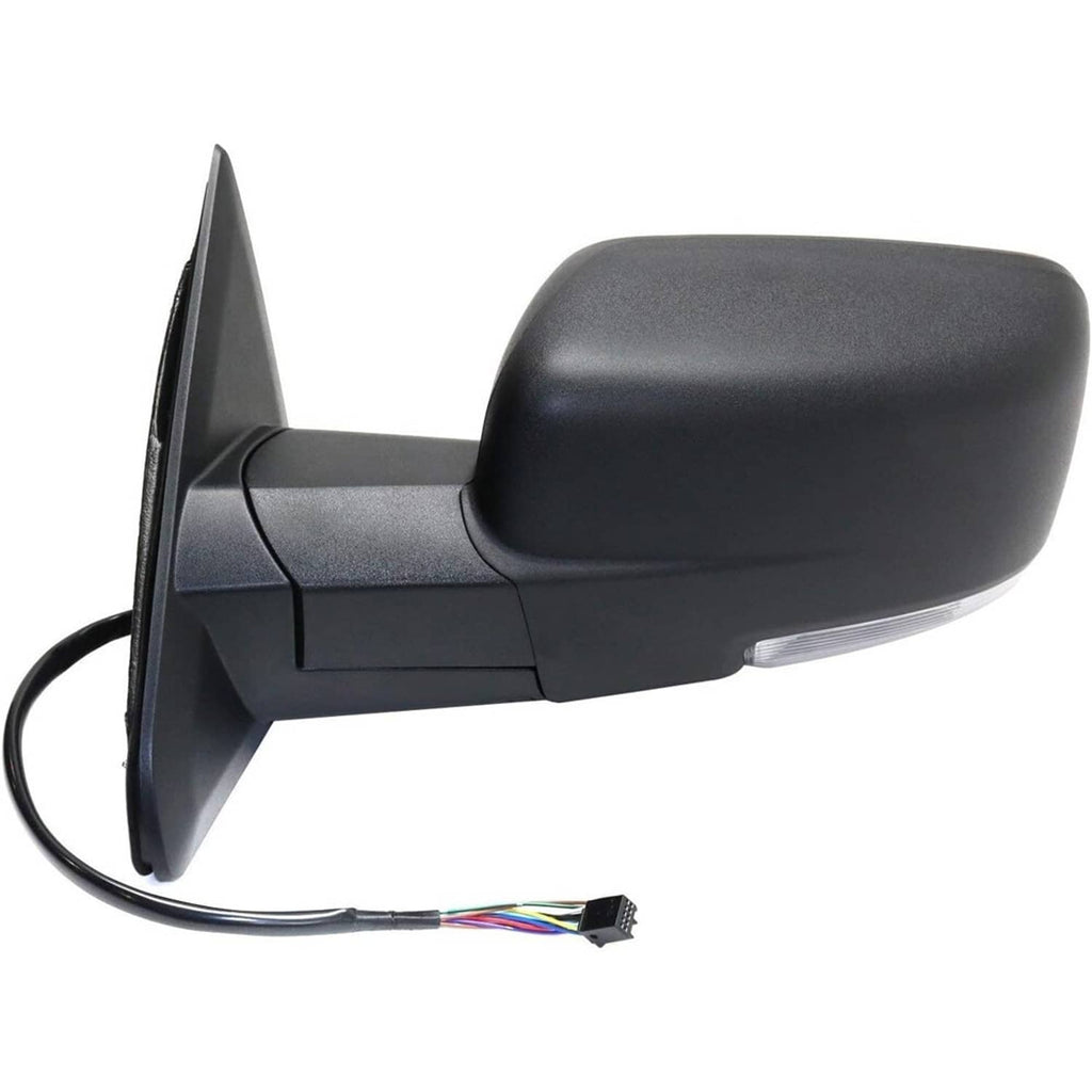 Left driver-side exterior mirror with power-fold housing, black cover and wiring harness