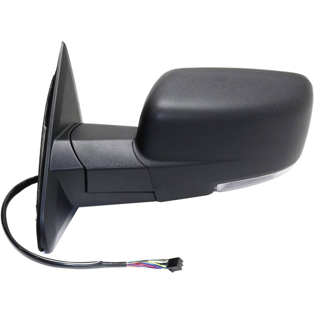 Left driver-side exterior mirror with power-fold housing, black cover and wiring harness