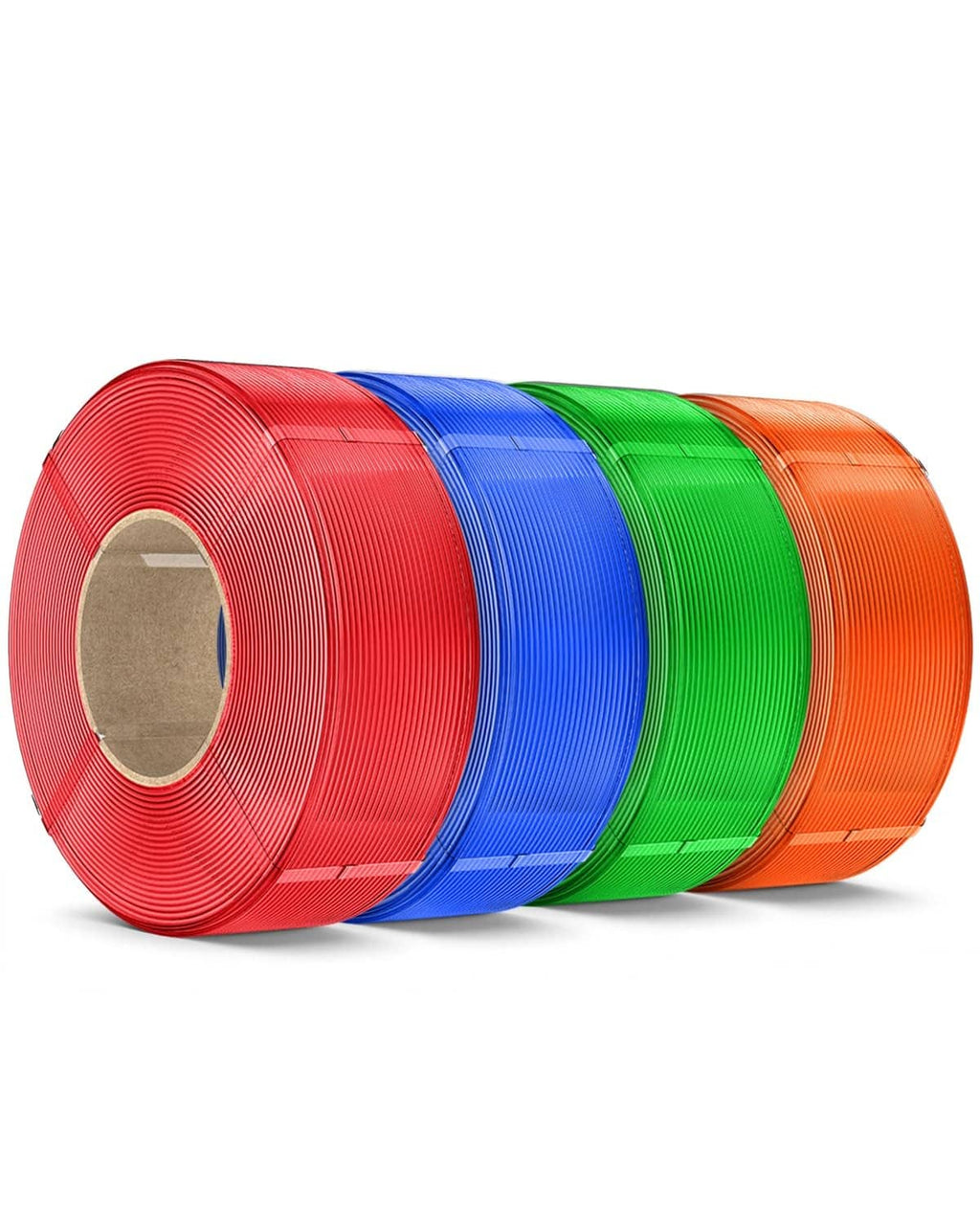 SUNLU PLA+ filament refill rolls, transparent red, blue, green, and orange
