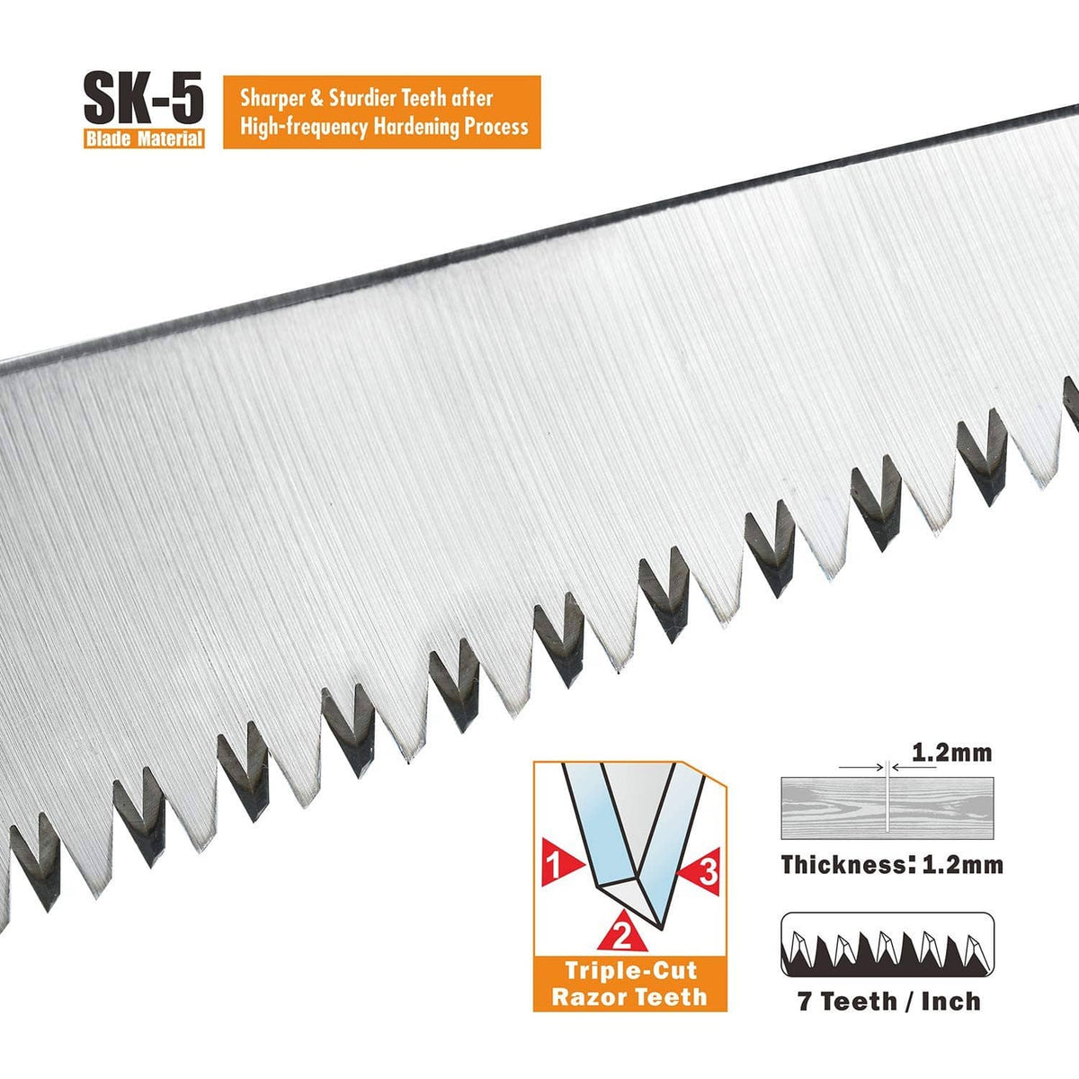 Pruning saw blade close-up with serrated teeth and triple-cut razor tooth design