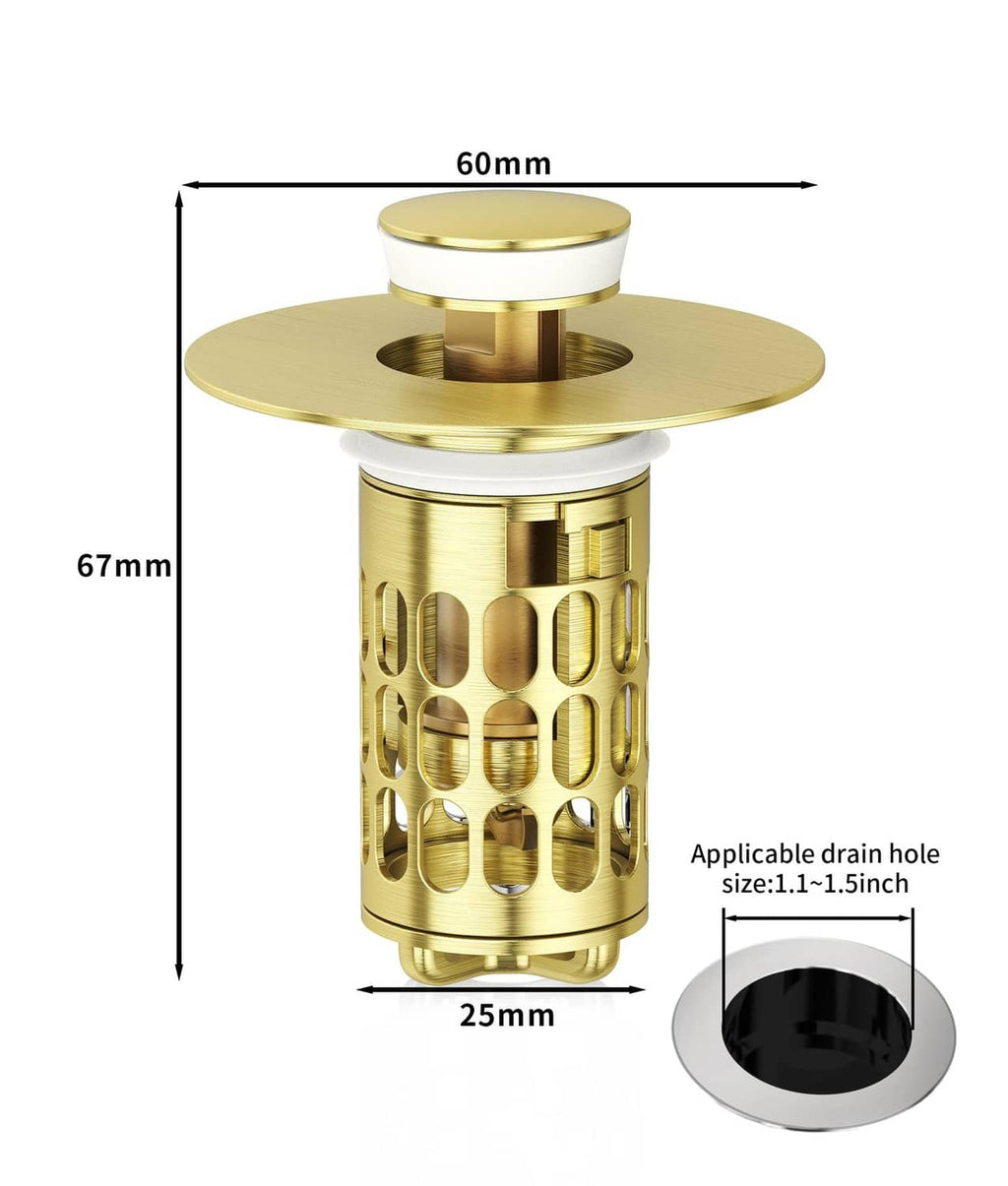 Matte gold pop-up sink stopper with circular flange and perforated mesh basket body