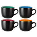 Set of 4 jumbo soup mugs, black exterior with green, blue, red, and orange interiors