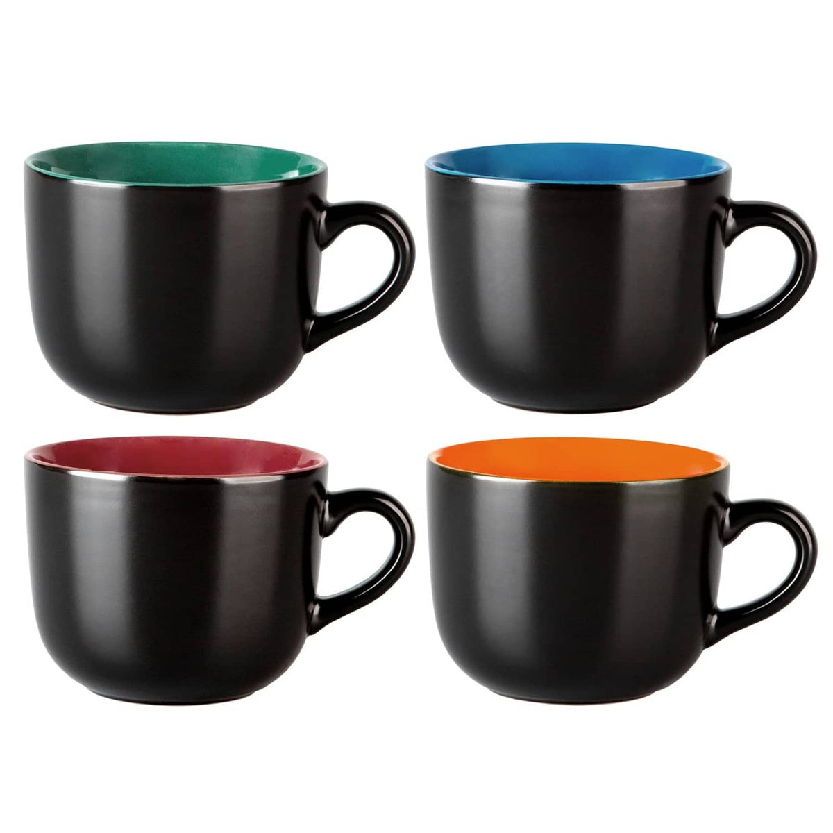 Set of 4 jumbo soup mugs, black exterior with green, blue, red, and orange interiors