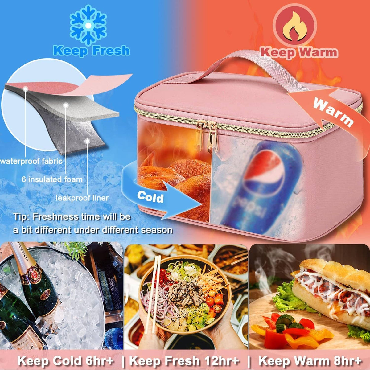 Pink insulated lunch bag with dual zipper and thick lining