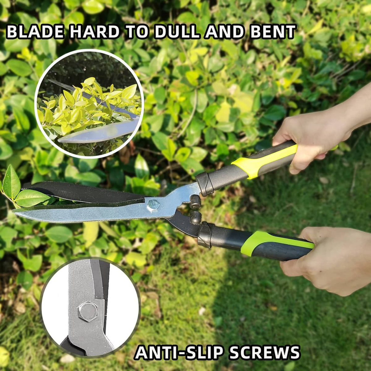 Hedge clippers blade with anti-slip screw detail, green-and-yellow grips