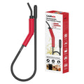 Red portable fuel transfer pump with long black hose and nozzle, boxed set