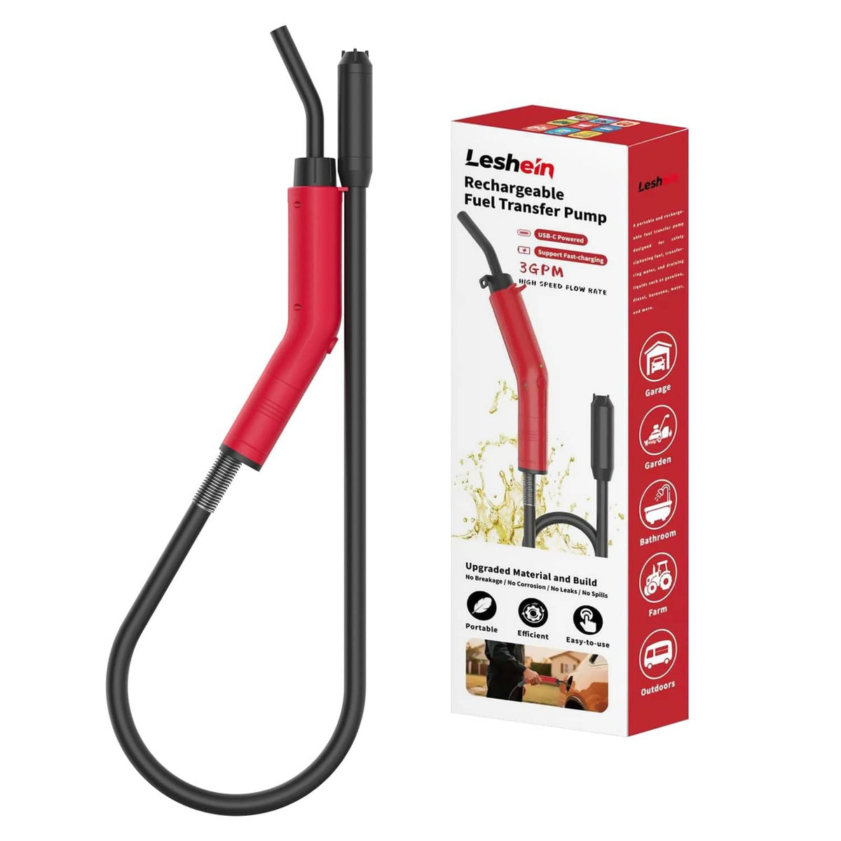 Red portable fuel transfer pump with long black hose and nozzle, boxed set