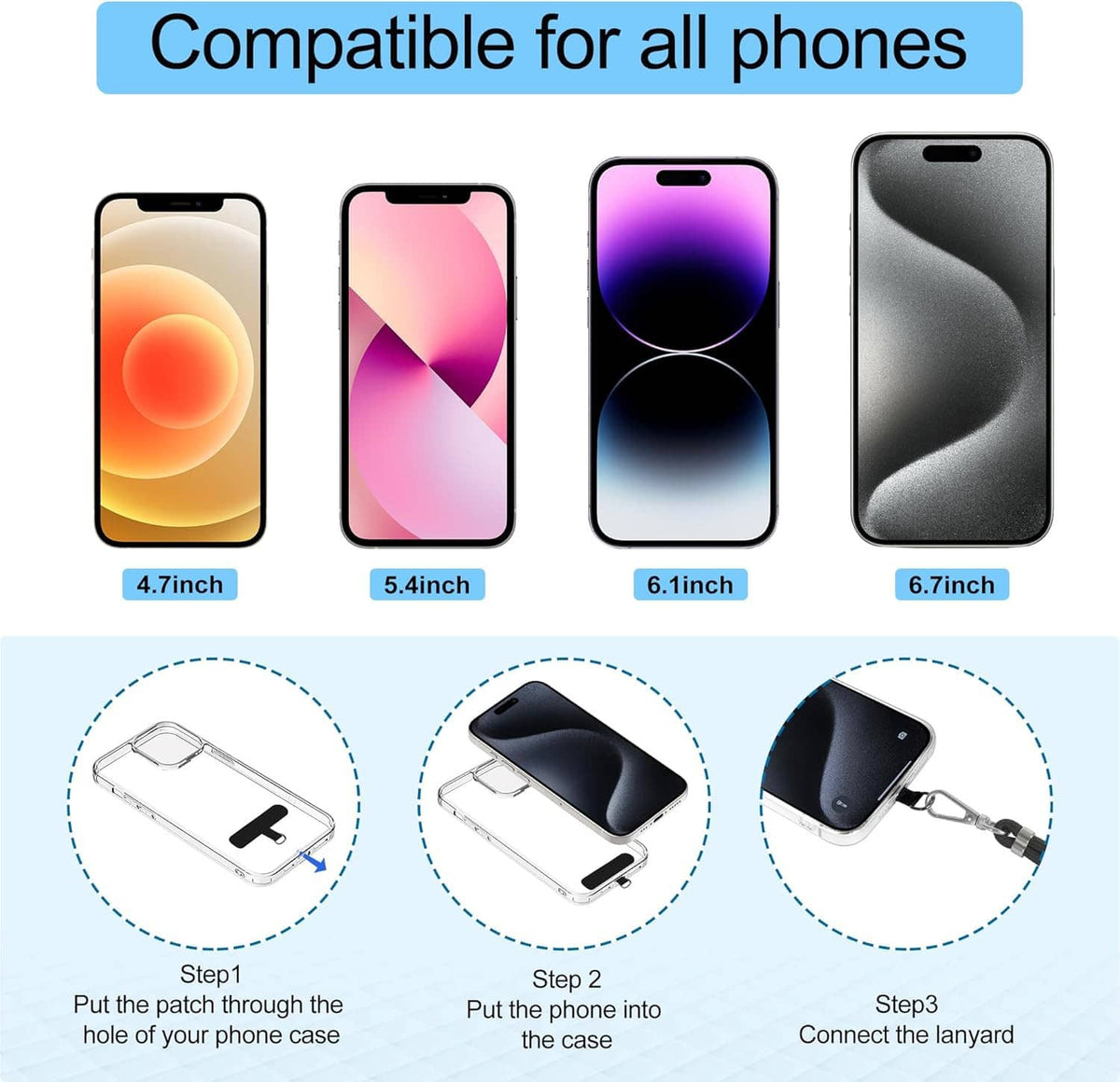 Adjustable phone lanyard case compatible with 4.7–6.7 inch phones, shown in sizes