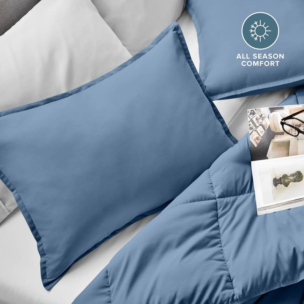 Blue microfiber pillow shams with envelope closure seam detail and smooth, wrinkle-resistant finish