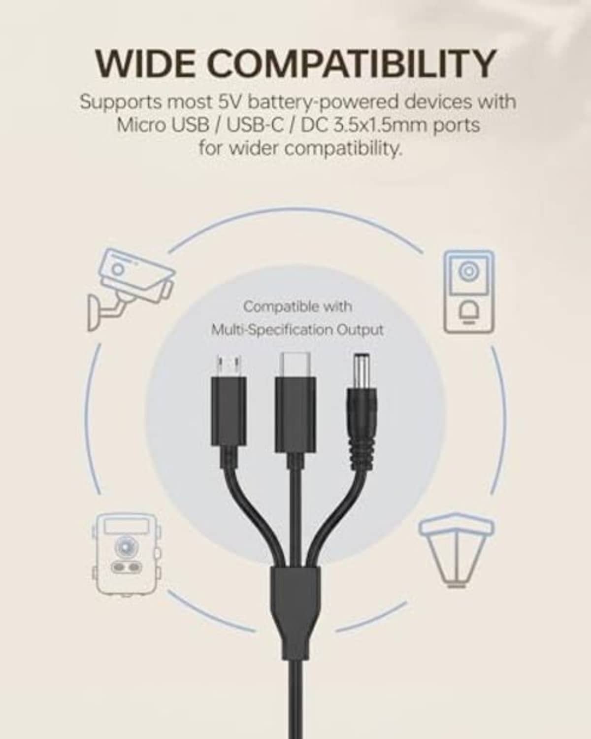 Compatibility diagram showing multi-output cable with three DC plug connectors