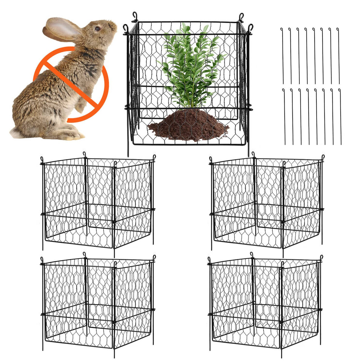 Black metal mesh plant protector cage set (4-pack) with ground spikes