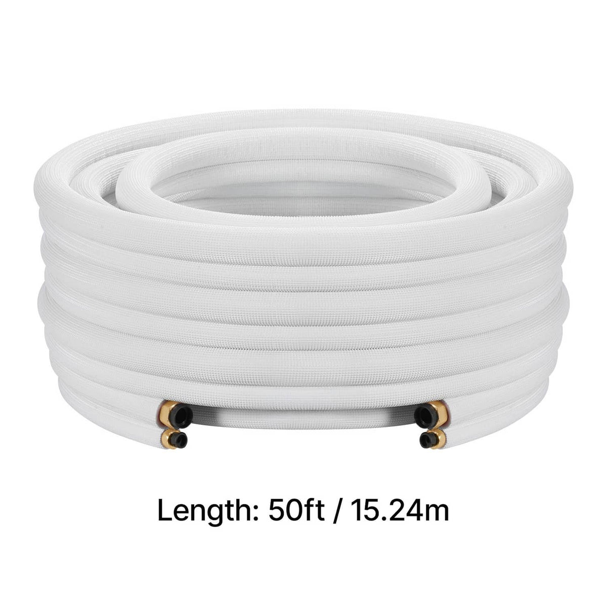 Coiled 50ft mini split line set with white insulation and copper outlet connectors
