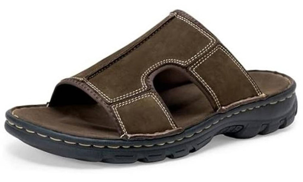Men's dark brown leather slip-on slide sandals with stitched upper strap and arch cutout