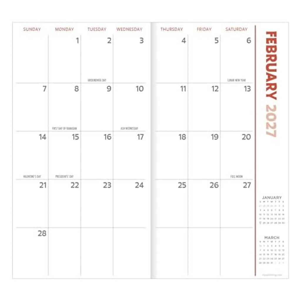 Calendar grid page with vertical February 2027 label and weekday columns