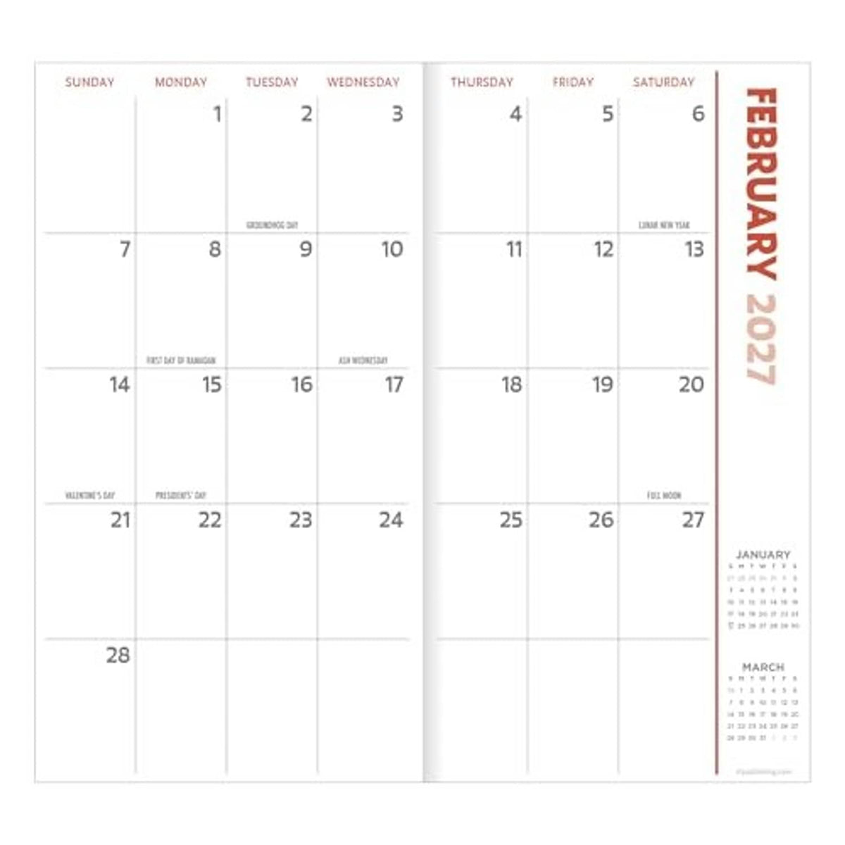 Calendar grid page with vertical February 2027 label and weekday columns