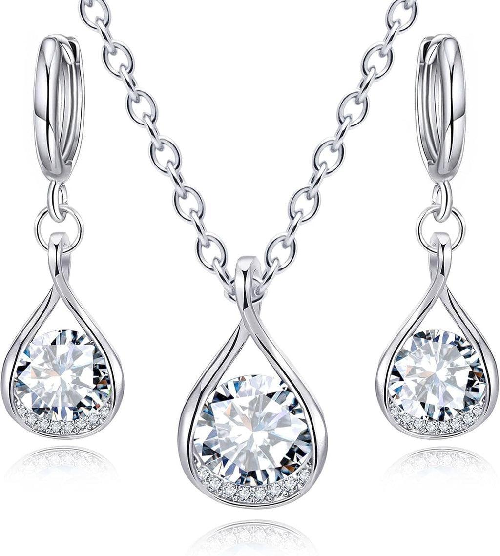 Silver choker necklace with teardrop CZ pendants and matching drop hoop earrings