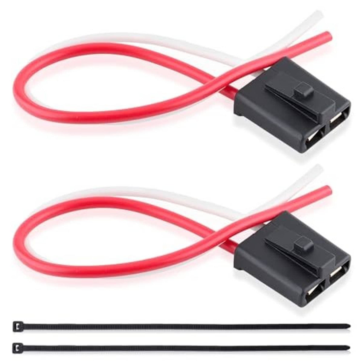Alternator pigtail connector kit with two black dual-pin plugs, red/white wires, zip ties