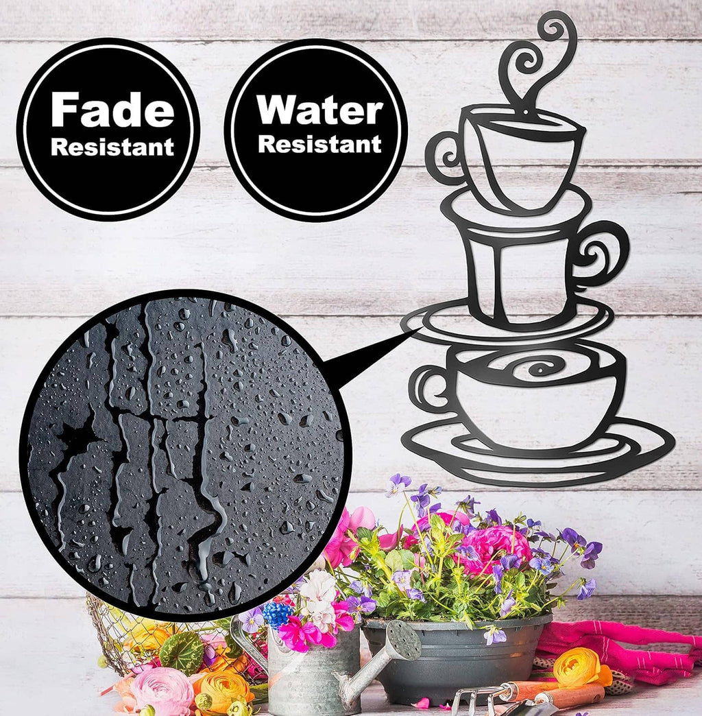 Dark metal coffee cup stack wall decor with swirl steam, fade- and water-resistant badges