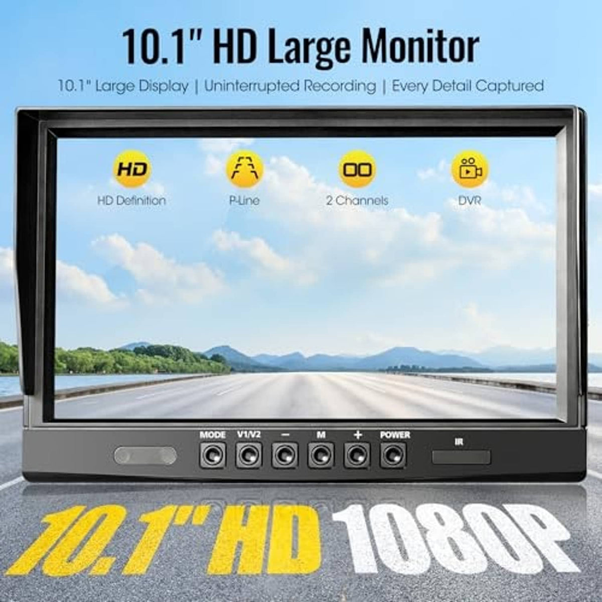 10.1-inch HD backup camera monitor with wide road view and front control buttons