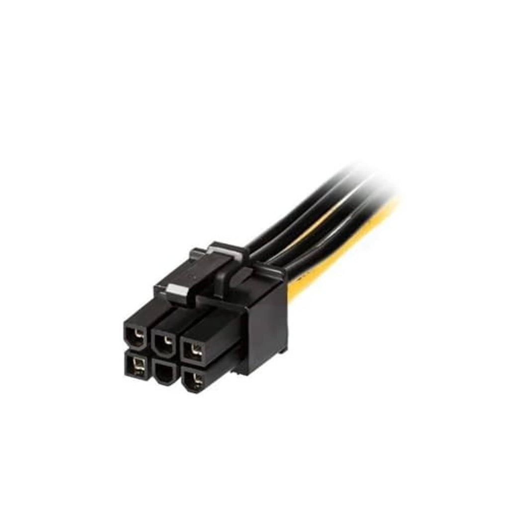 6-pin PCIe female power connector end on yellow-and-black striped cable.
