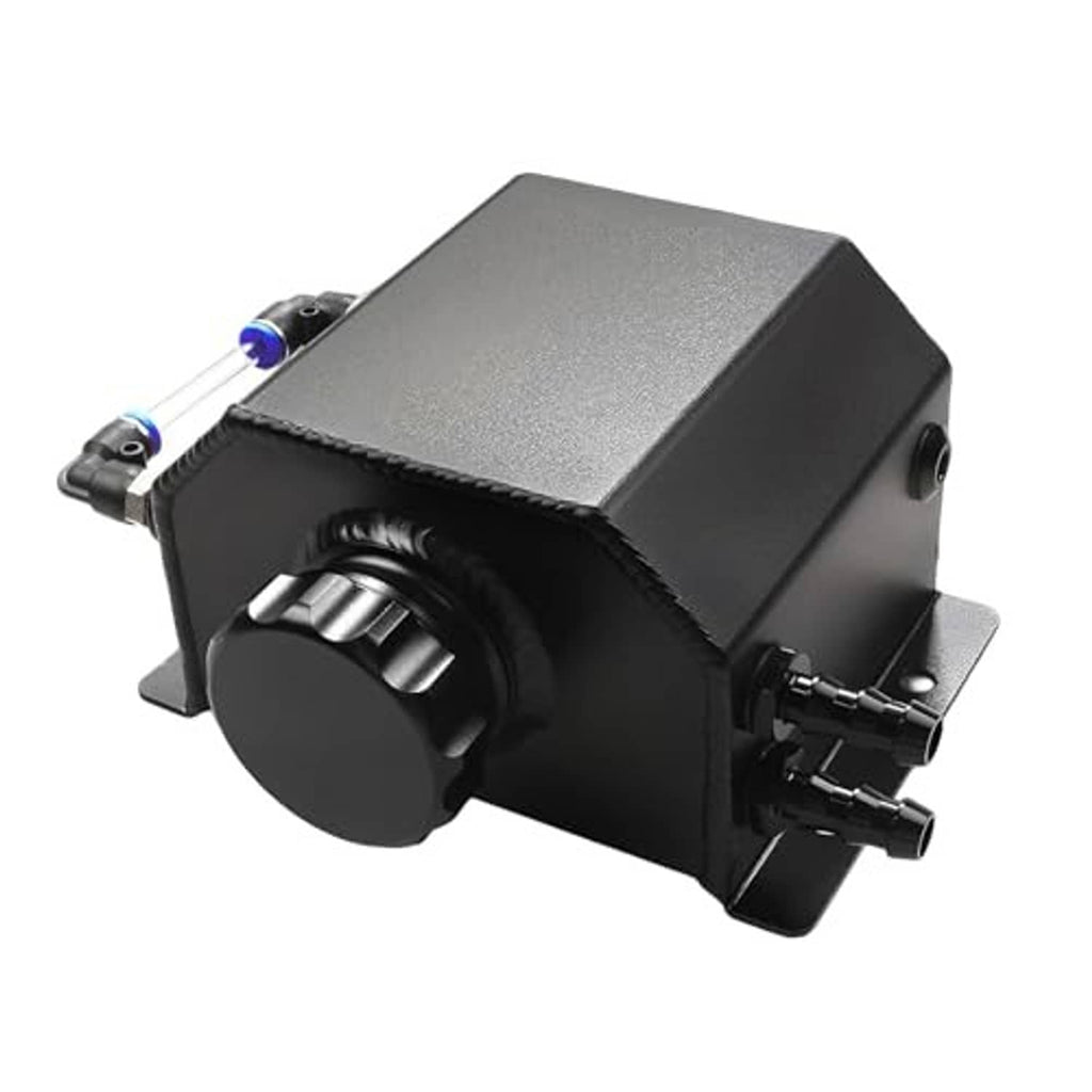 Black coolant overflow recovery tank with side ports and mounting feet, front angled view
