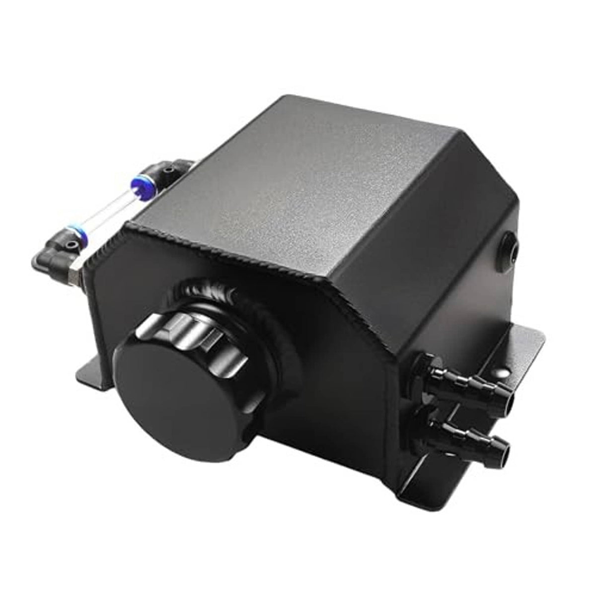 Black coolant overflow recovery tank with side ports and mounting feet, front angled view