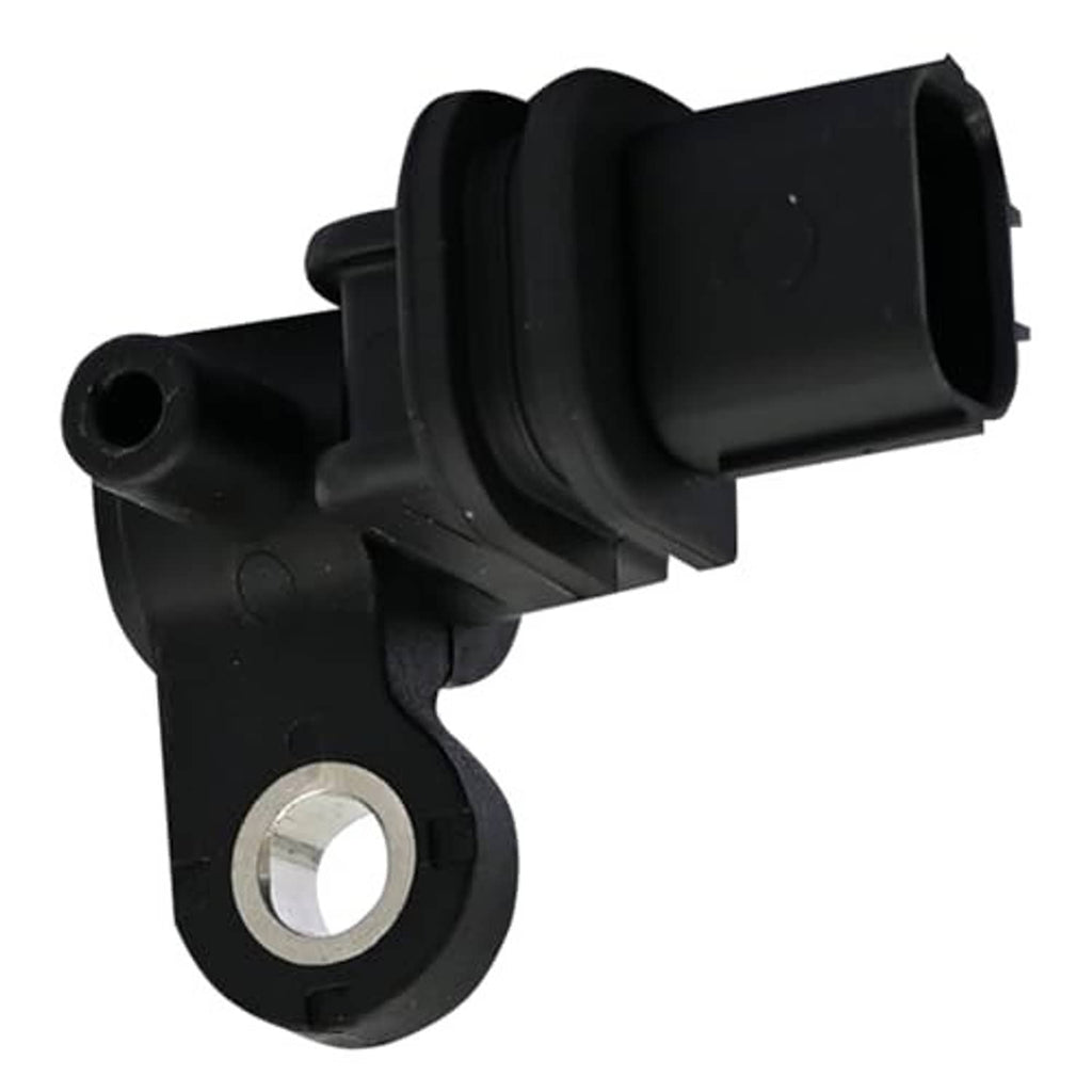 Black crankshaft position sensor with metal mounting plate and rectangular electrical plug