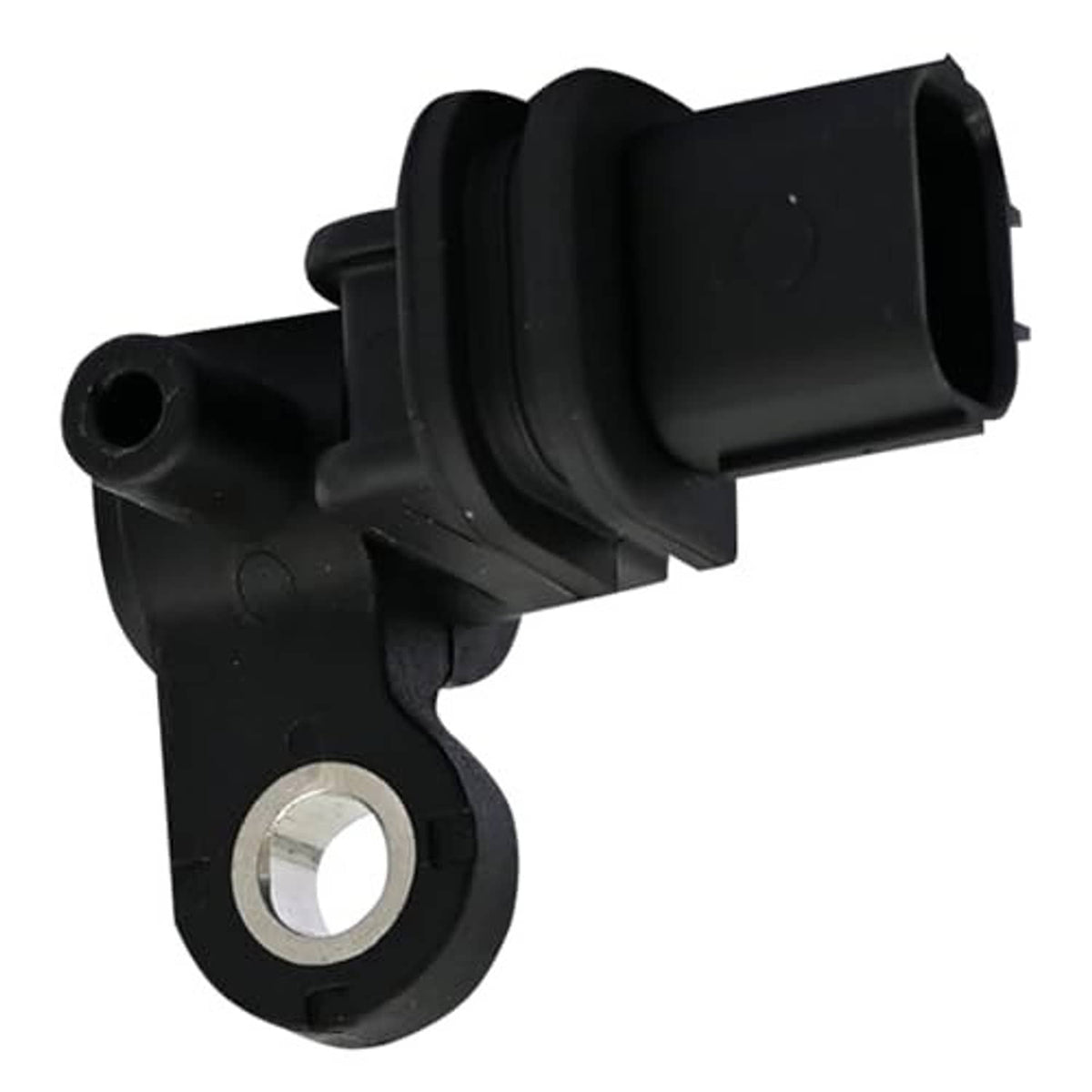 Black crankshaft position sensor with metal mounting plate and rectangular electrical plug