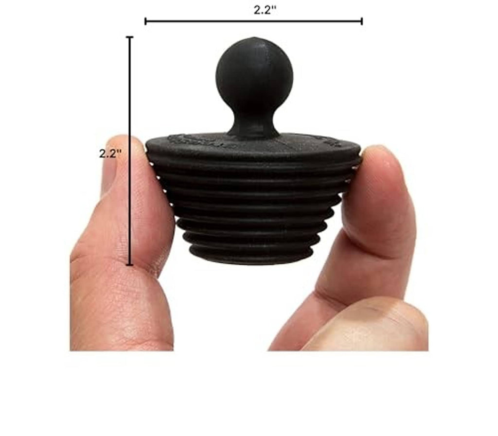 Black universal stopper plug held in hands with size shown, two-pack