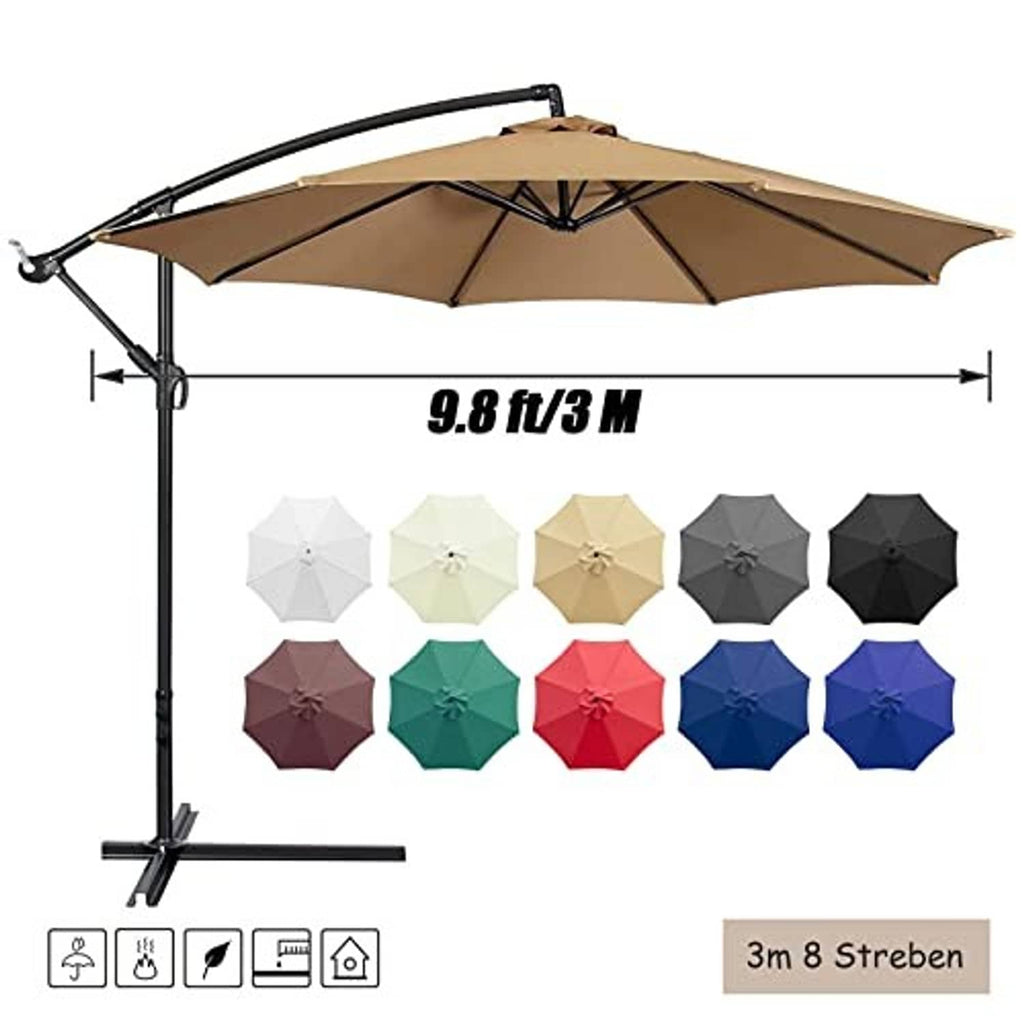 Tan patio umbrella canopy with vented top and central rib supports