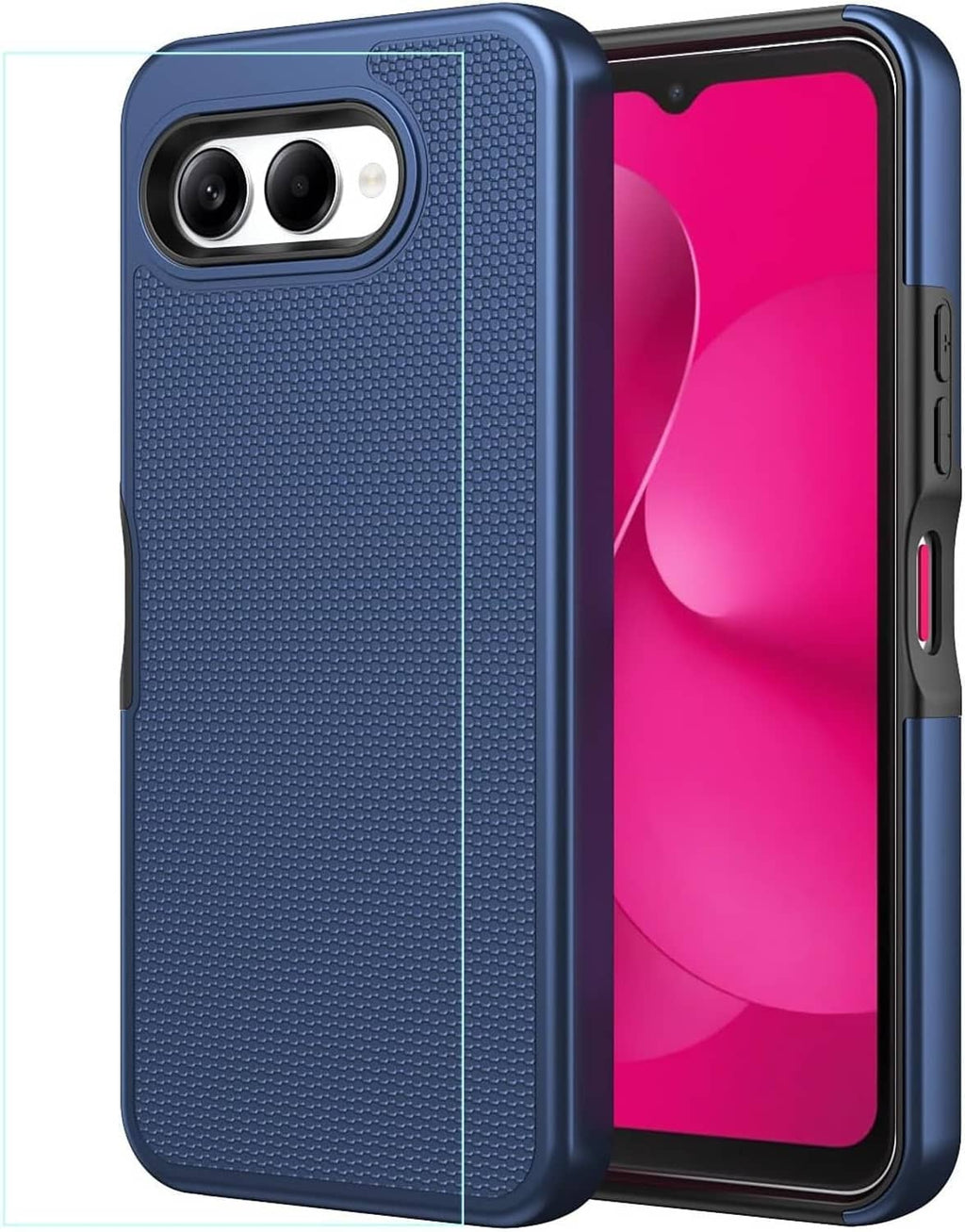 Navy blue textured dual-layer phone case with side buttons and camera cutout