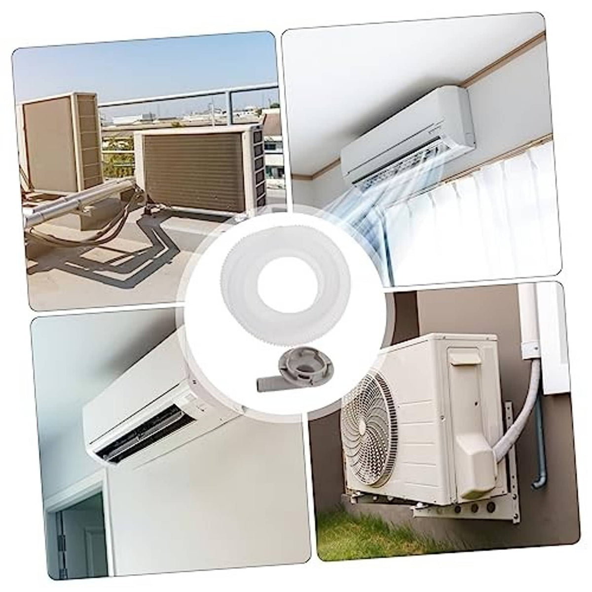Air conditioner drain hose kit with coiled white tube and grey connection adapter