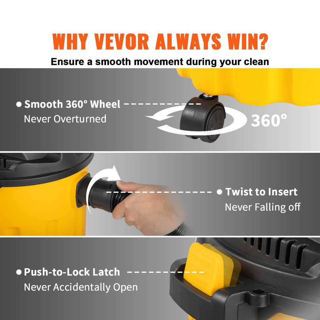 Wet/dry shop vacuum with 360-degree wheels and push-to-lock latches