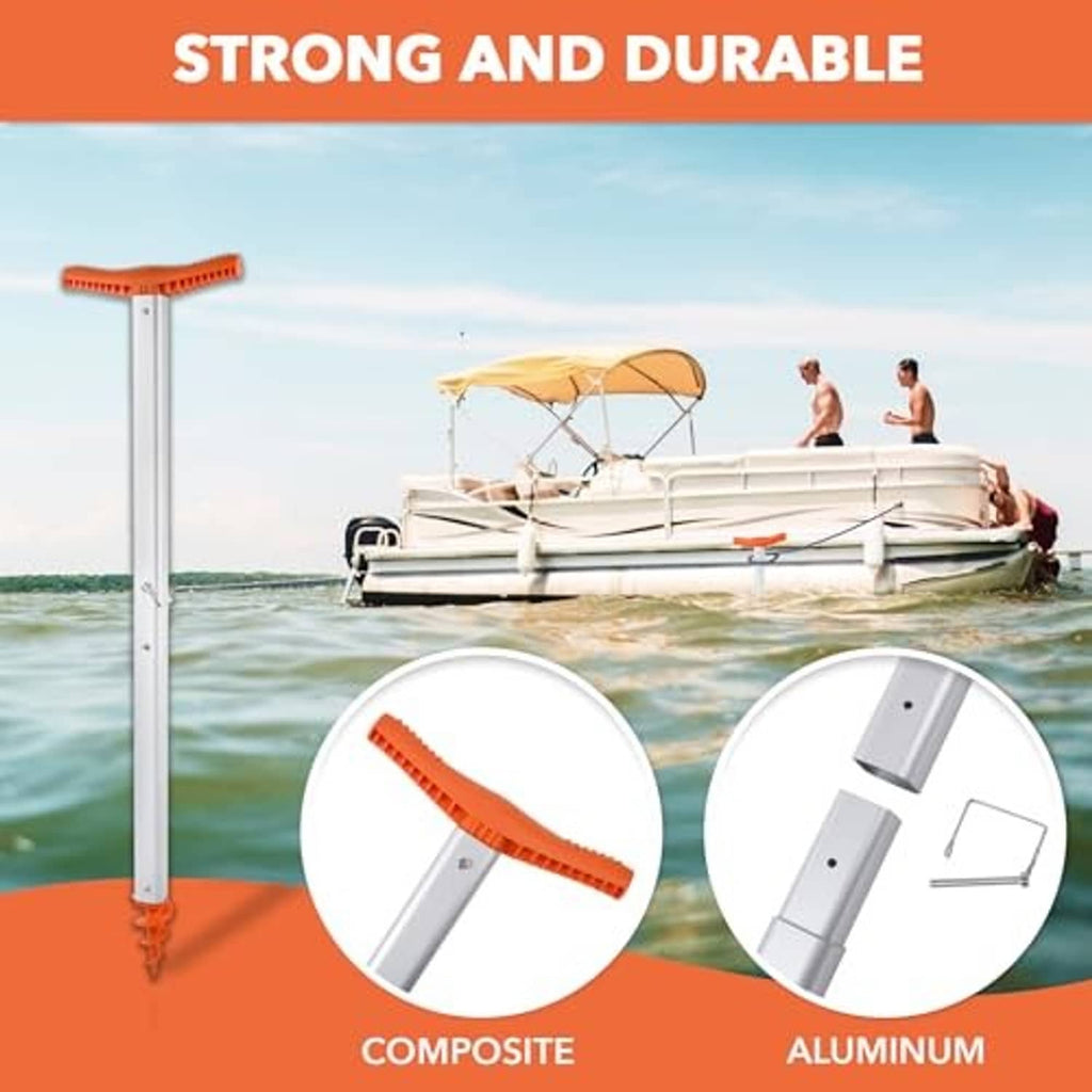 Aluminum sand anchor with orange top crossbar and auger tip, compact and sturdy