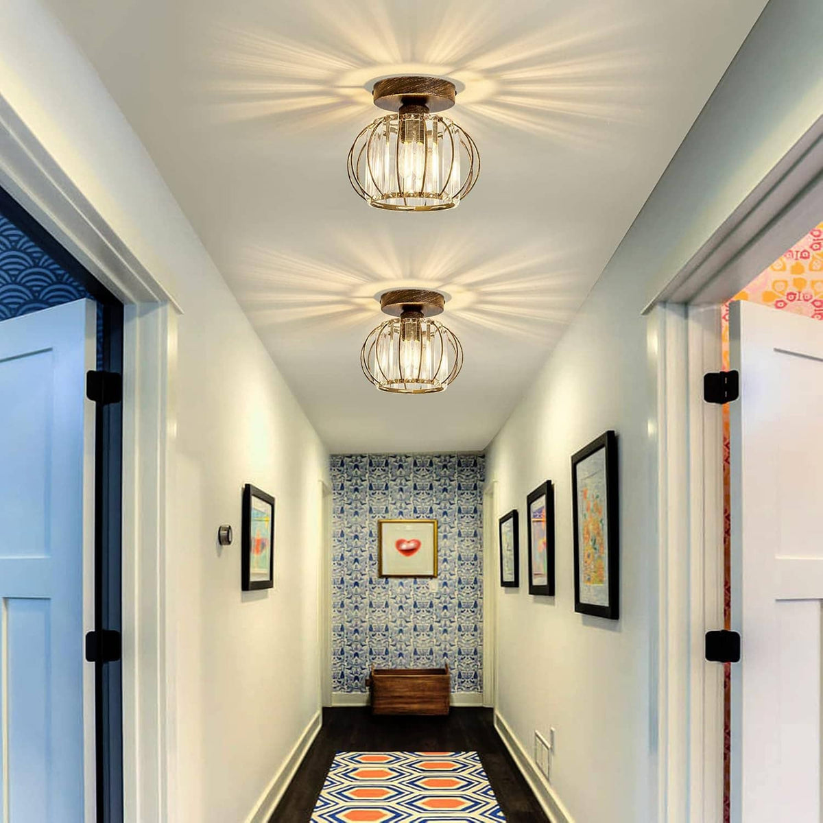Oil-rubbed bronze semi-flush crystal ceiling light with clear glass shade and bulb glow