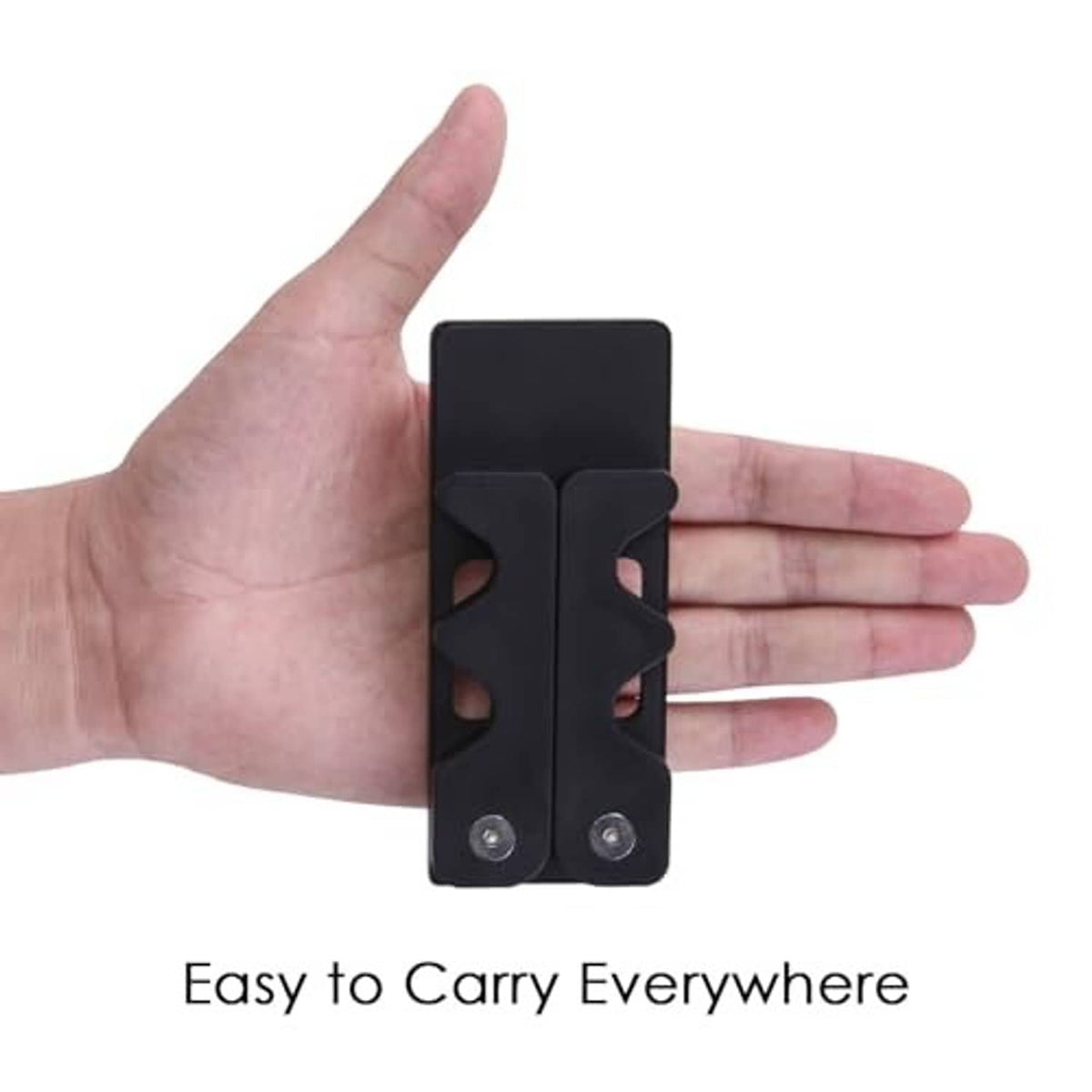 Black compact pool cue holder with claw cradle and silver weight, in a hand