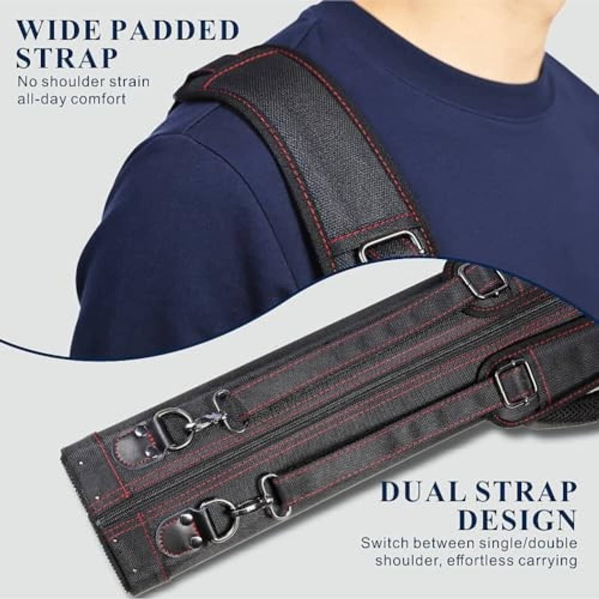 Pool cue case with wide padded strap and dual-strap design, dark gray with red trim.